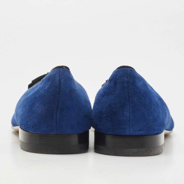 Pre Owned Manolo Blahnik Blue Suede Leather Toro Opera Bow Slip On Loafers Size 41.5