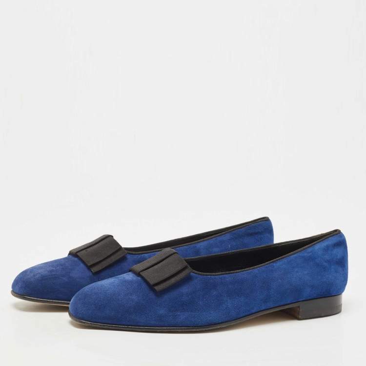 Pre Owned Manolo Blahnik Blue Suede Leather Toro Opera Bow Slip On Loafers Size 41.5
