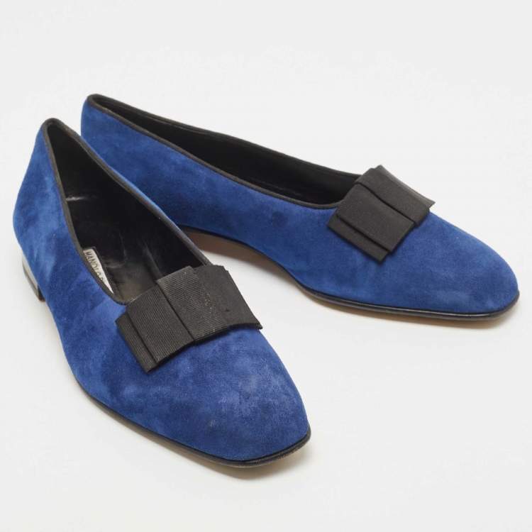 Pre Owned Manolo Blahnik Blue Suede Leather Toro Opera Bow Slip On Loafers Size 41.5