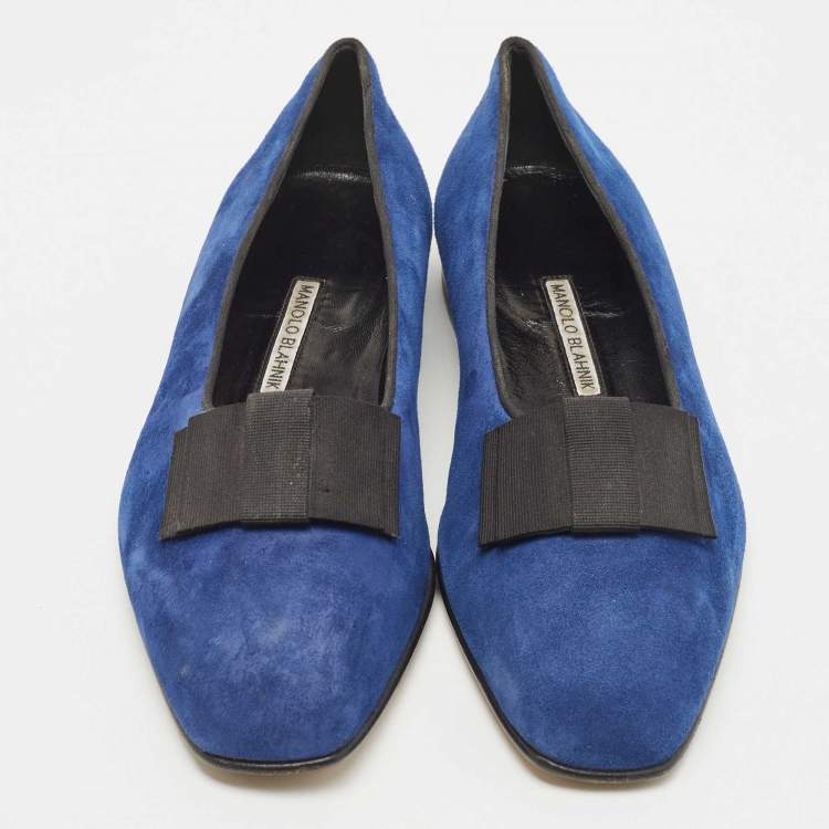 Pre Owned Manolo Blahnik Blue Suede Leather Toro Opera Bow Slip On Loafers Size 41.5