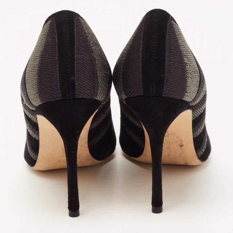 Pre Owned Manolo Blahnik Black/Grey Suede Embroidered BB Pumps Size 36.5