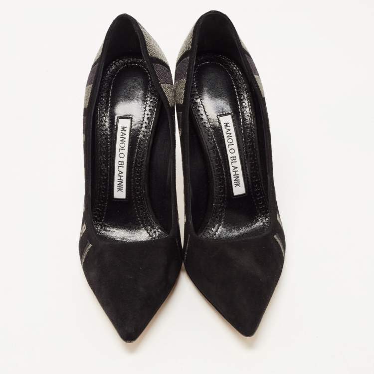 Pre Owned Manolo Blahnik Black/Grey Suede Embroidered BB Pumps Size 36.5