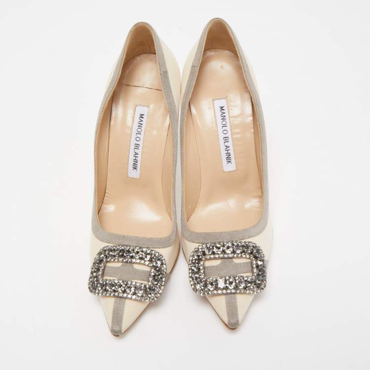 Pre Owned Manolo Blahnik Cream/Grey Satin Gotrian Pumps Size 36.5
