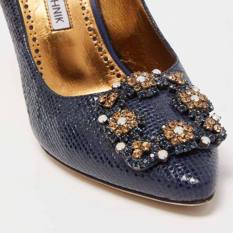 Pre Owned Manolo Blahnik Navy Blue Textured Leather Hangisi Pumps Size 36.5