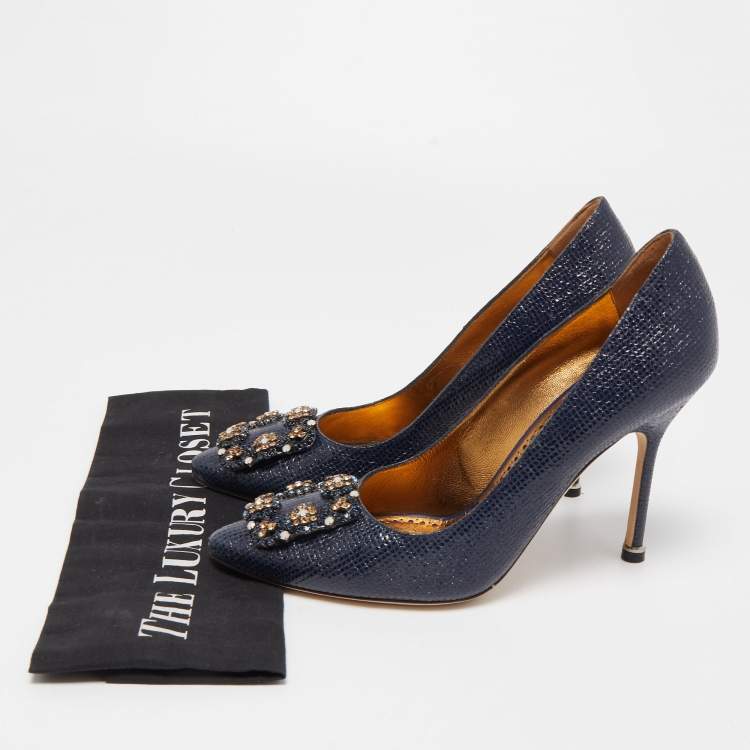 Pre Owned Manolo Blahnik Navy Blue Textured Leather Hangisi Pumps Size 36.5