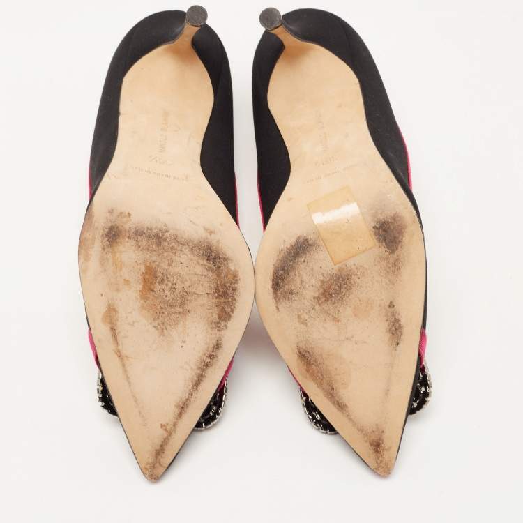 Pre Owned Manolo Blahnik Black/Pink Fabric Gotrian Pumps Size 36.5