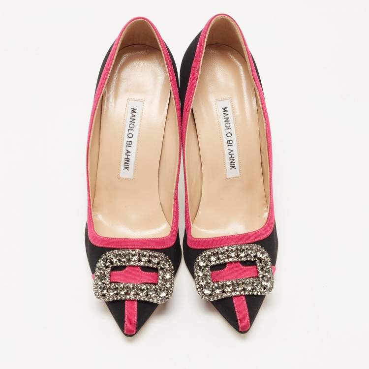Pre Owned Manolo Blahnik Black/Pink Fabric Gotrian Pumps Size 36.5
