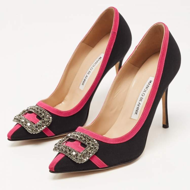 Pre Owned Manolo Blahnik Black/Pink Fabric Gotrian Pumps Size 36.5