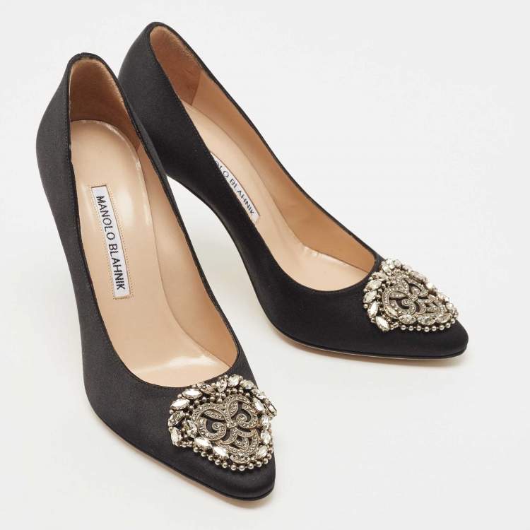 Pre Owned Manolo Blahnik Black Satin Okkava Pumps Size 36.5
