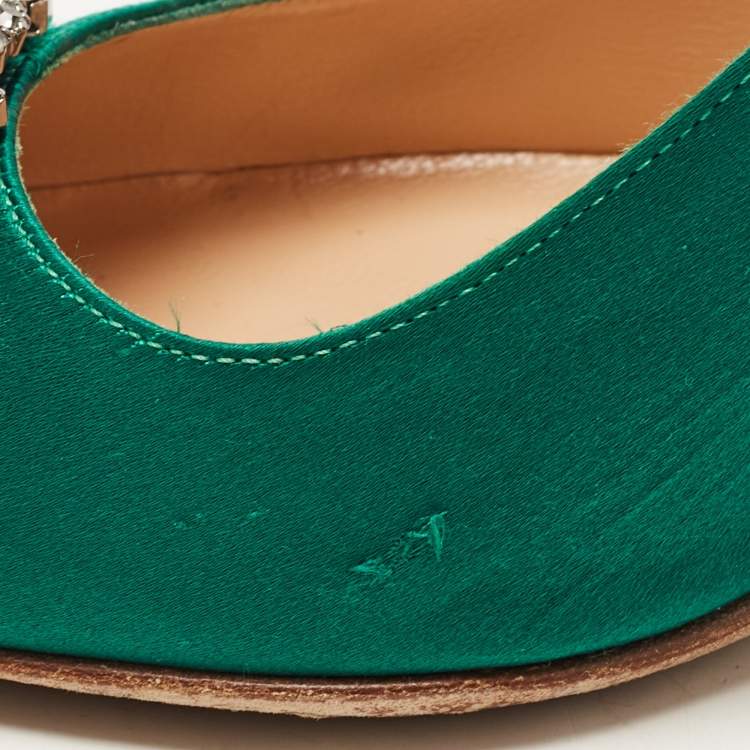 Pre Owned Manolo Blahnik Green Satin Hangisi Crystal Embellished Pumps Size 37.5