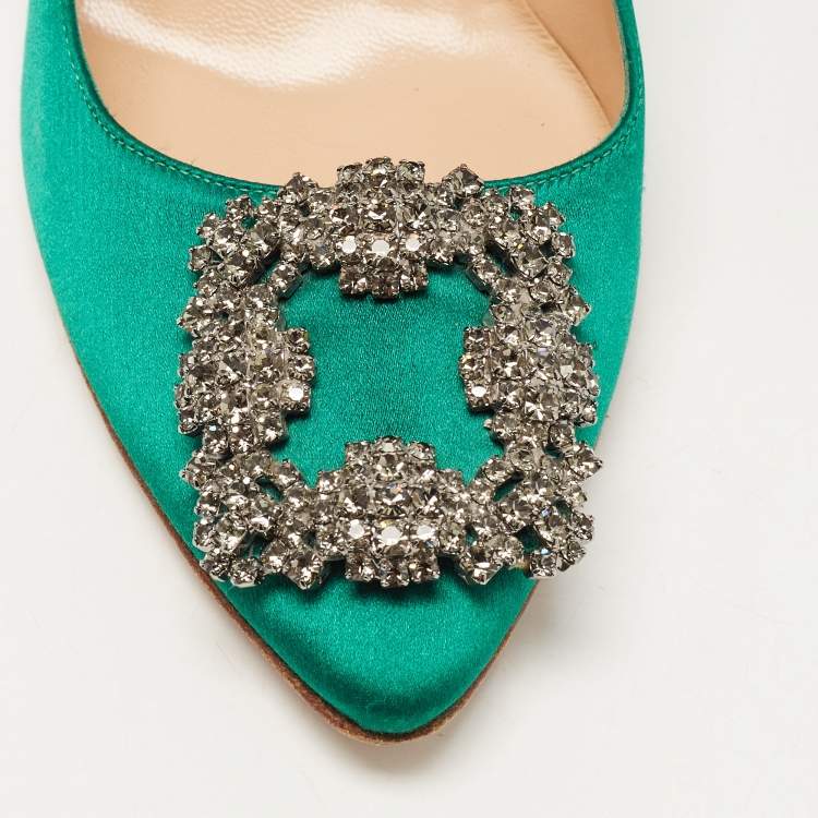 Pre Owned Manolo Blahnik Green Satin Hangisi Crystal Embellished Pumps Size 37.5