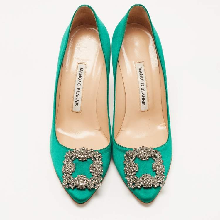 Pre Owned Manolo Blahnik Green Satin Hangisi Crystal Embellished Pumps Size 37.5