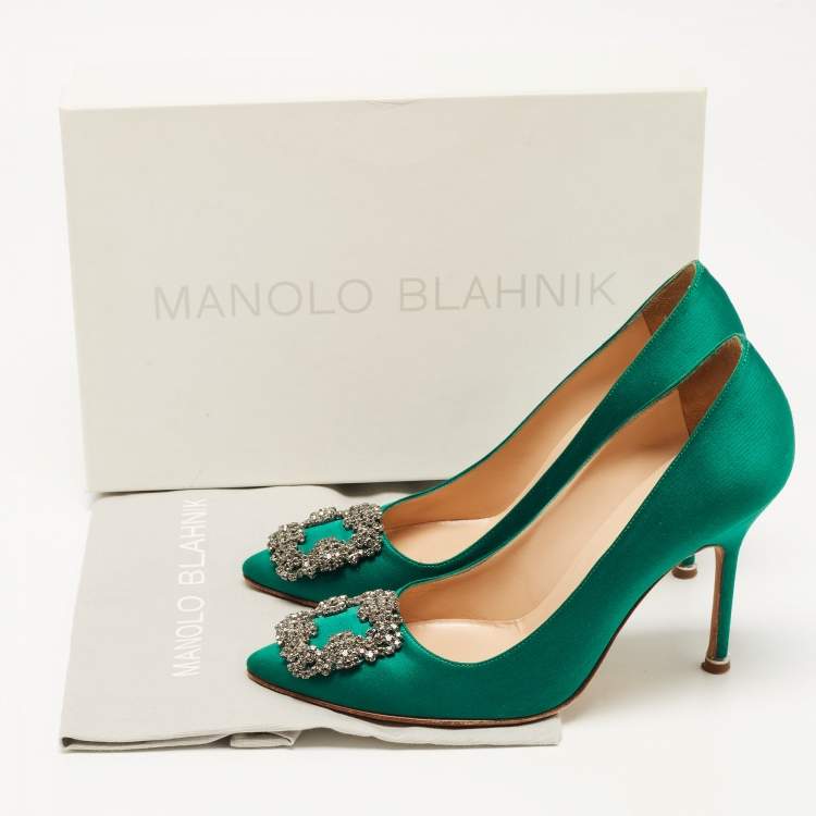 Pre Owned Manolo Blahnik Green Satin Hangisi Crystal Embellished Pumps Size 37.5