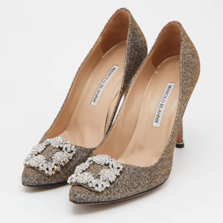 Pre Owned Manolo Blahnik Metallic Lurex Fabric Hangisi Pumps Size 38.5