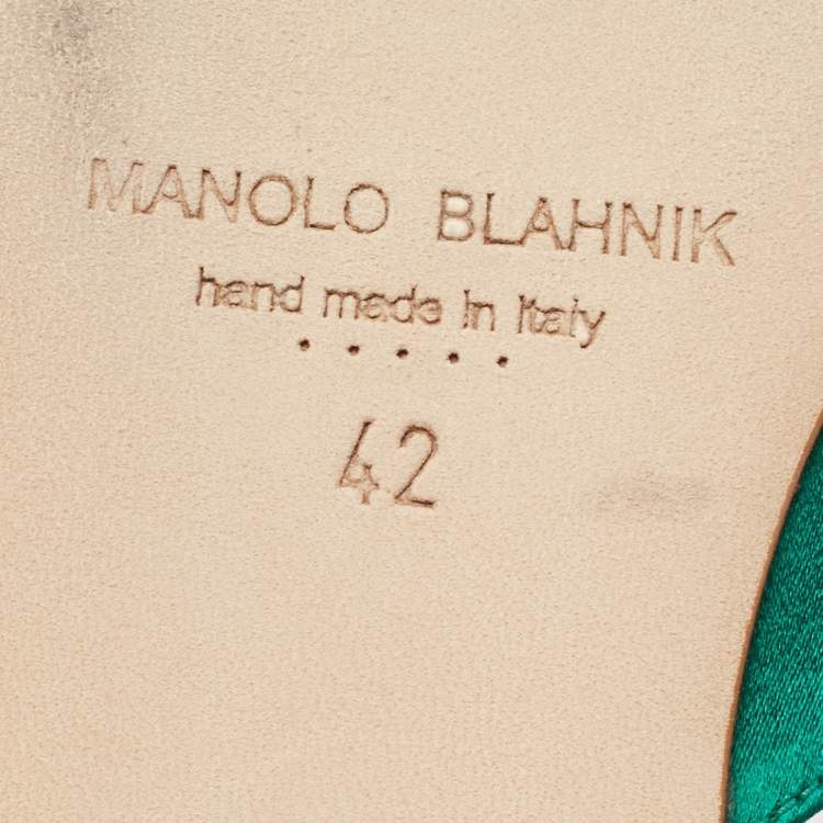 Pre Owned Manolo Blahnik Green Satin Hangisi Crystal Embellished Flat Mules Size 42