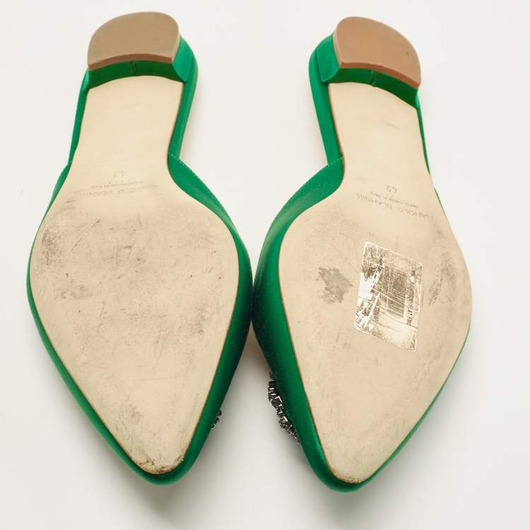 Pre Owned Manolo Blahnik Green Satin Hangisi Crystal Embellished Flat Mules Size 42