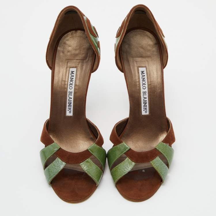 Pre Owned Manolo Blahnik Green/Brown Patent Leather and Suede Palmata D'orsay Pumps Size 36.5