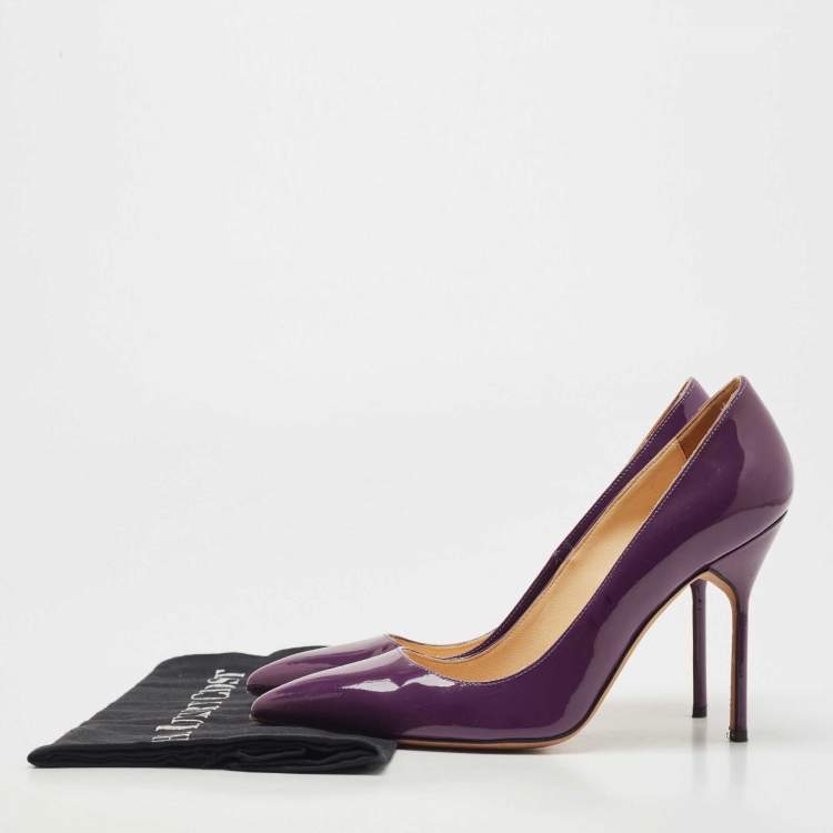 Pre Owned Manolo Blahnik Purple Patent Leather BB Pointed Toe Pumps Size 37.5