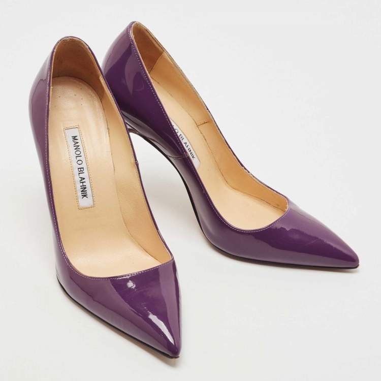 Pre Owned Manolo Blahnik Purple Patent Leather BB Pointed Toe Pumps Size 37.5
