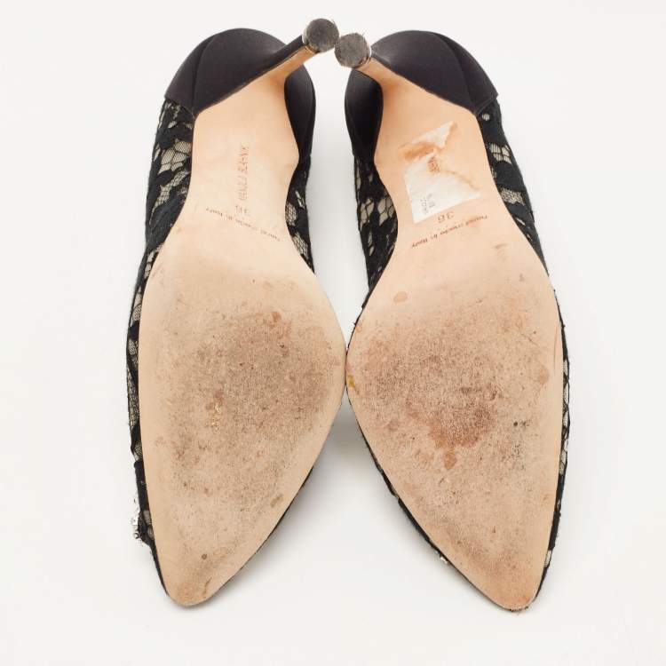 Pre Owned Manolo Blahnik Black Lace and Satin Hangisi Pumps Size 36
