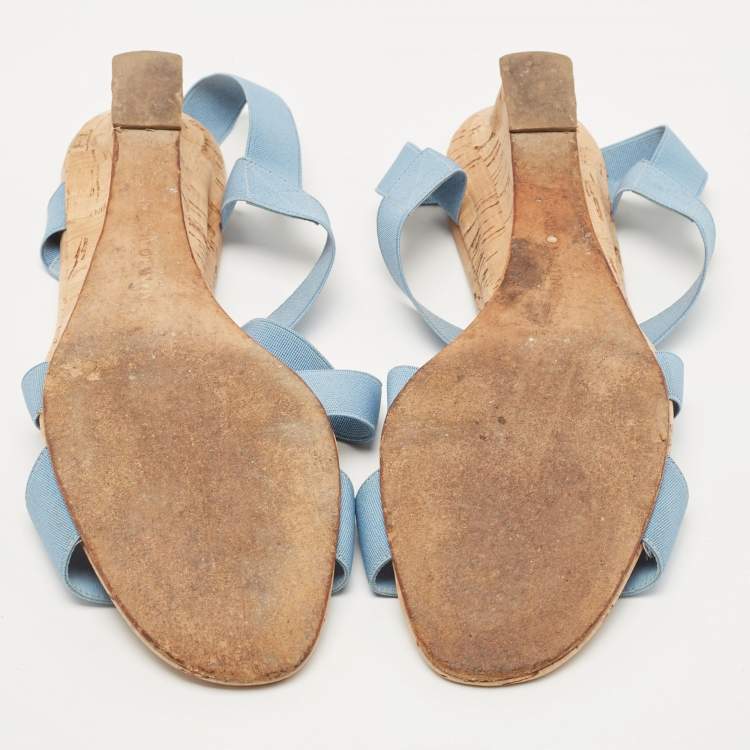 Pre Owned Manolo Blahnik Blue Stretch Fabric Terwe Cork Wedge Ankle Strap Sandals Size 40