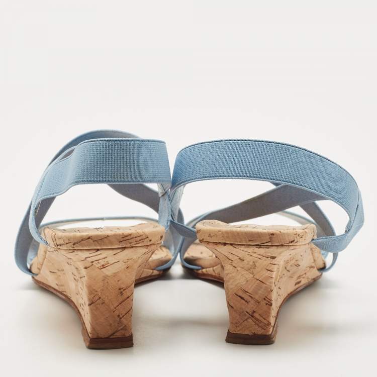 Pre Owned Manolo Blahnik Blue Stretch Fabric Terwe Cork Wedge Ankle Strap Sandals Size 40