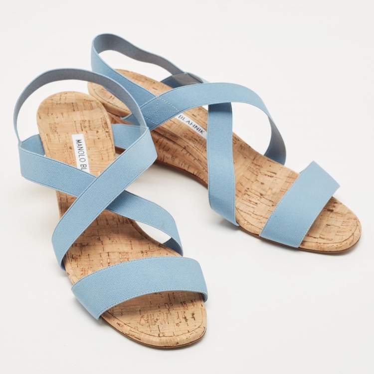 Pre Owned Manolo Blahnik Blue Stretch Fabric Terwe Cork Wedge Ankle Strap Sandals Size 40