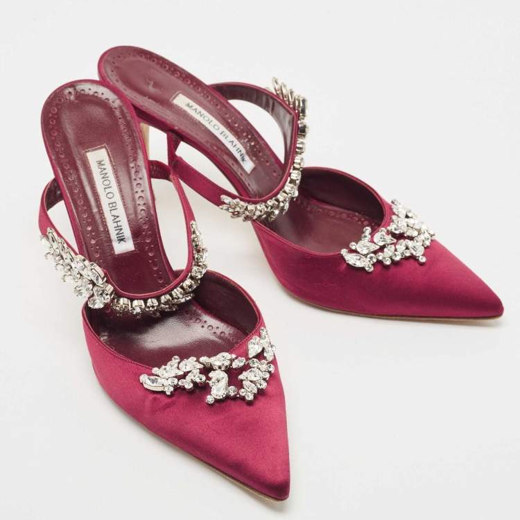 Pre Owned Manolo Blahnik Burgundy Satin Lurum Mules Size 42