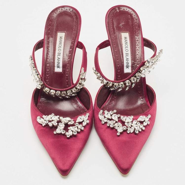 Pre Owned Manolo Blahnik Burgundy Satin Lurum Mules Size 42