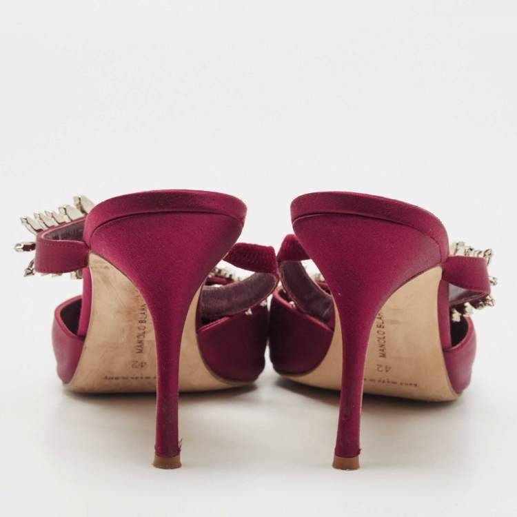 Pre Owned Manolo Blahnik Burgundy Satin Lurum Mules Size 42