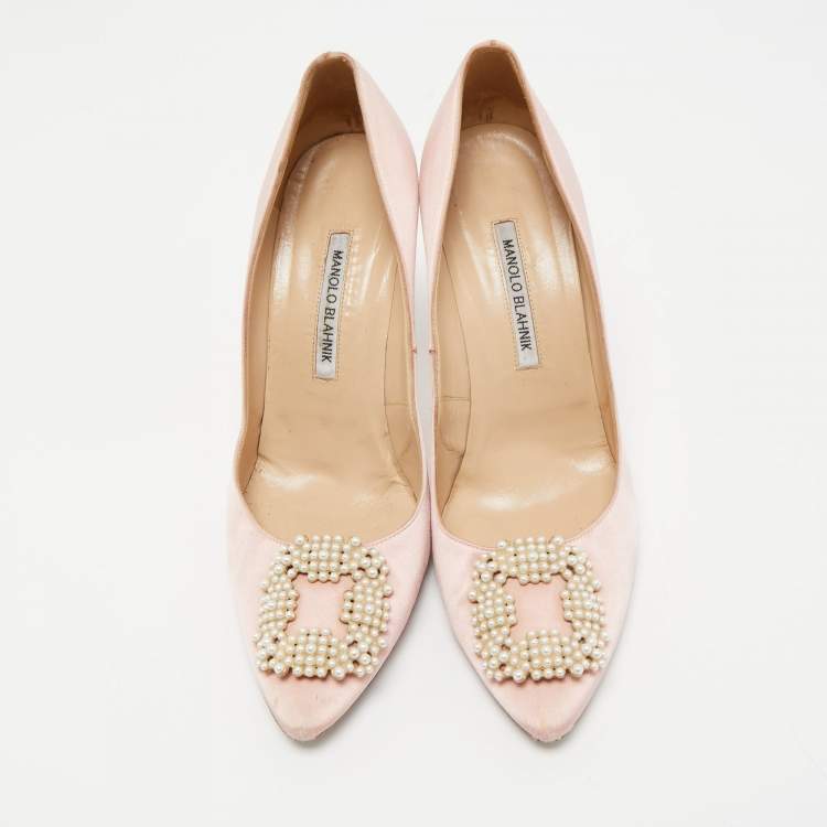 Pre Owned Manolo Blahnik Pink Satin Hangisi Embellished Pointed Toe Pumps Size 41