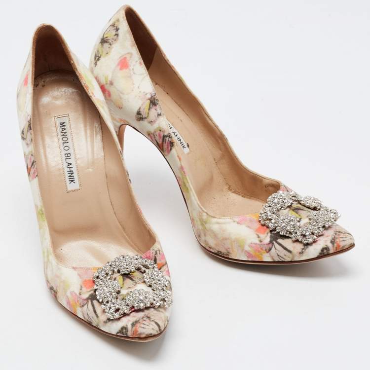 Pre Owned Manolo Blahnik Multicolor Butterfly Print Fabric Hangisi Pumps Size 39.5