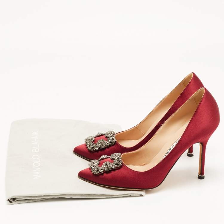 Pre Owned Manolo Blahnik Burgundy Satin Hangisi Pumps Size 37