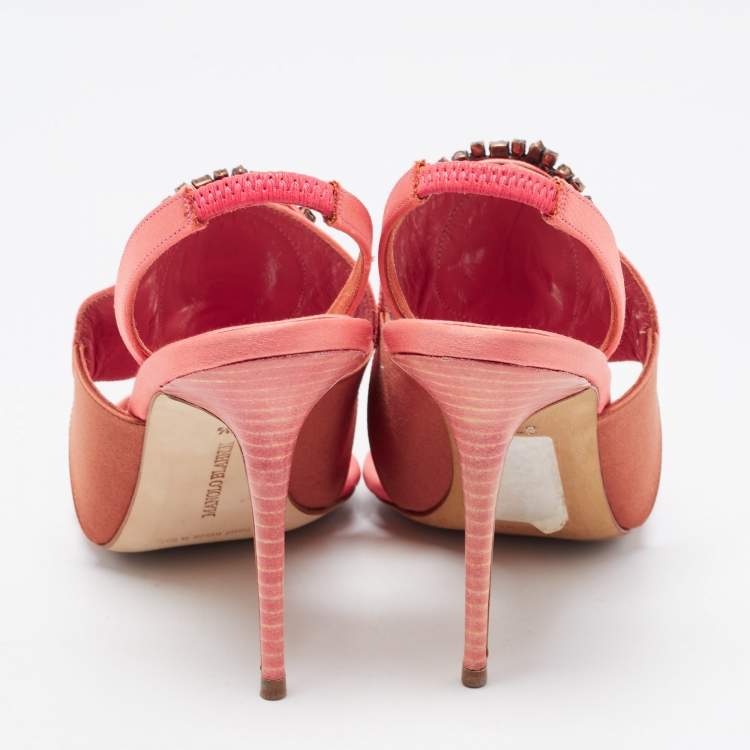 Pre Owned Manolo Blahnik Pink/Brown Satin Crystal Embellished Ankle Strap Sandals Size 37.5