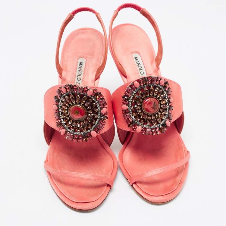 Pre Owned Manolo Blahnik Pink/Brown Satin Crystal Embellished Ankle Strap Sandals Size 37.5