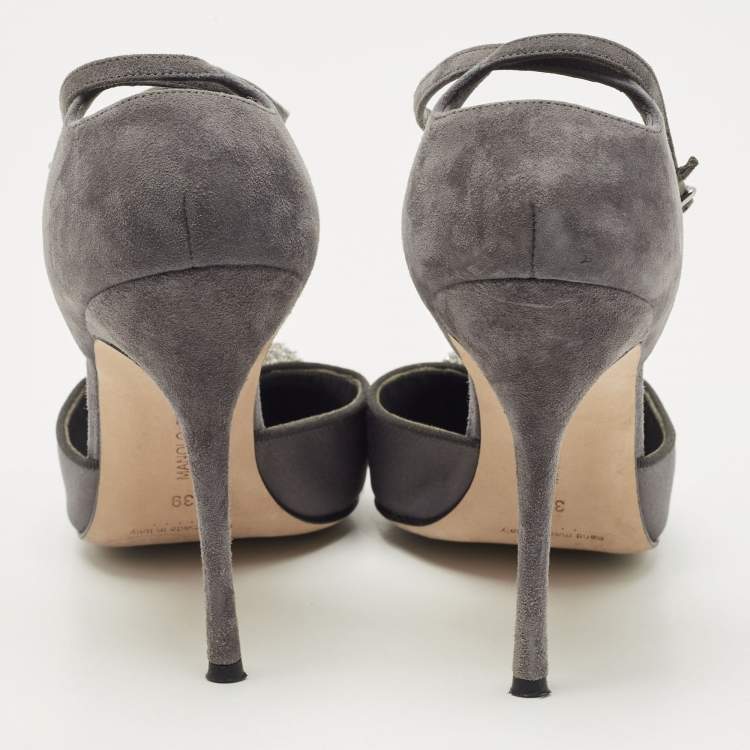 Pre Owned Manolo Blahnik Grey Satin and Suede Eridania Pumps Size 39