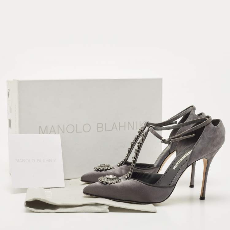 Pre Owned Manolo Blahnik Grey Satin and Suede Eridania Pumps Size 39