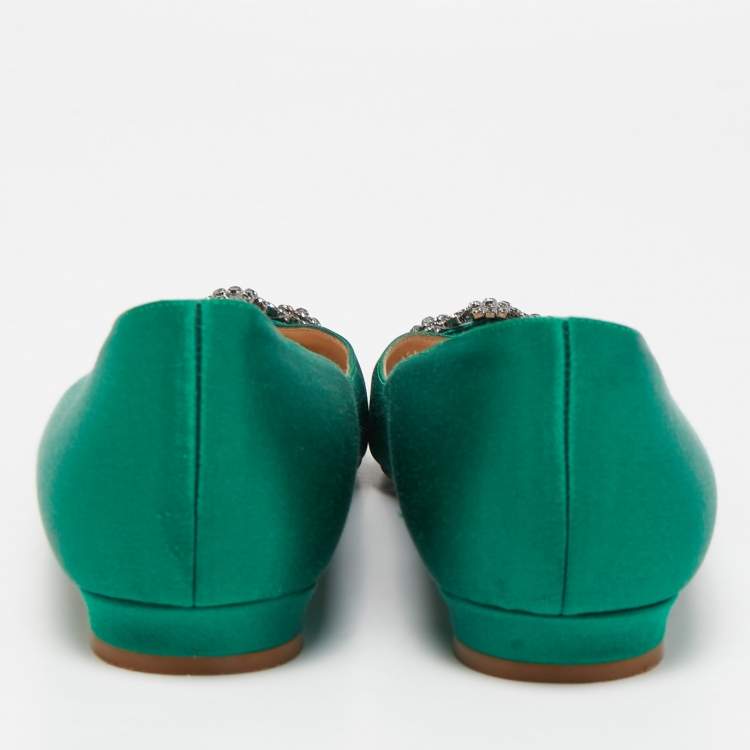 Pre Owned Manolo Blahnik Green Satin Hangisi Flats Size 39