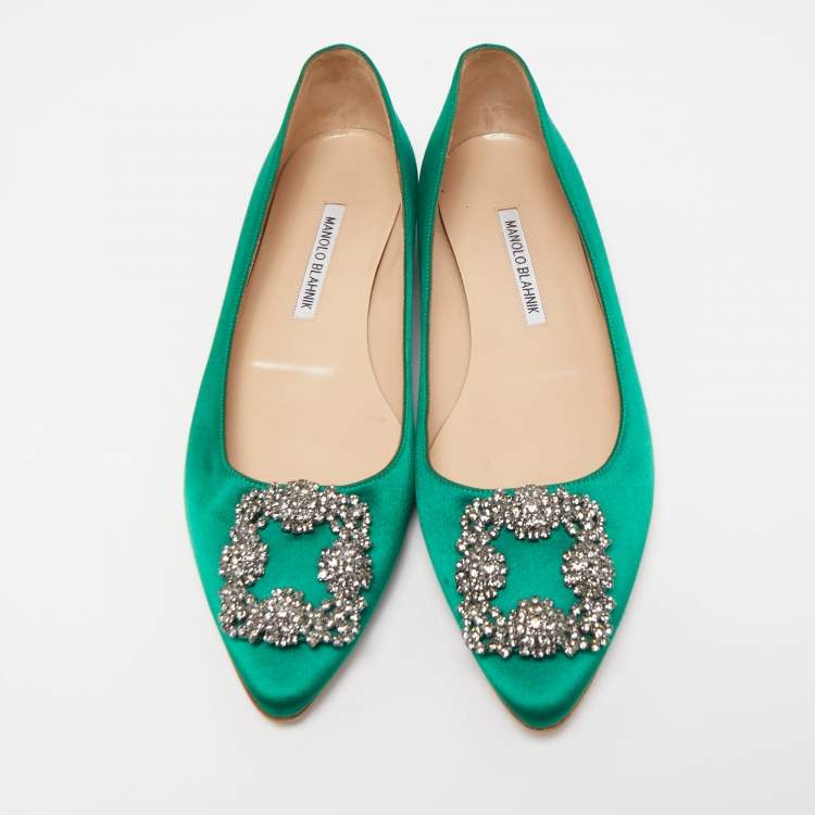 Pre Owned Manolo Blahnik Green Satin Hangisi Flats Size 39