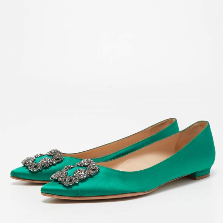 Pre Owned Manolo Blahnik Green Satin Hangisi Flats Size 39