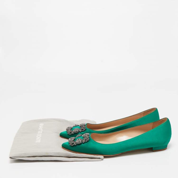 Pre Owned Manolo Blahnik Green Satin Hangisi Flats Size 39