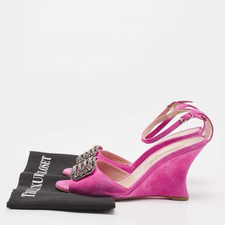 Pre Owned Manolo Blahnik Pink Suede Crystal Embellished Ankle Strap Wedge Sandals Size 38.5