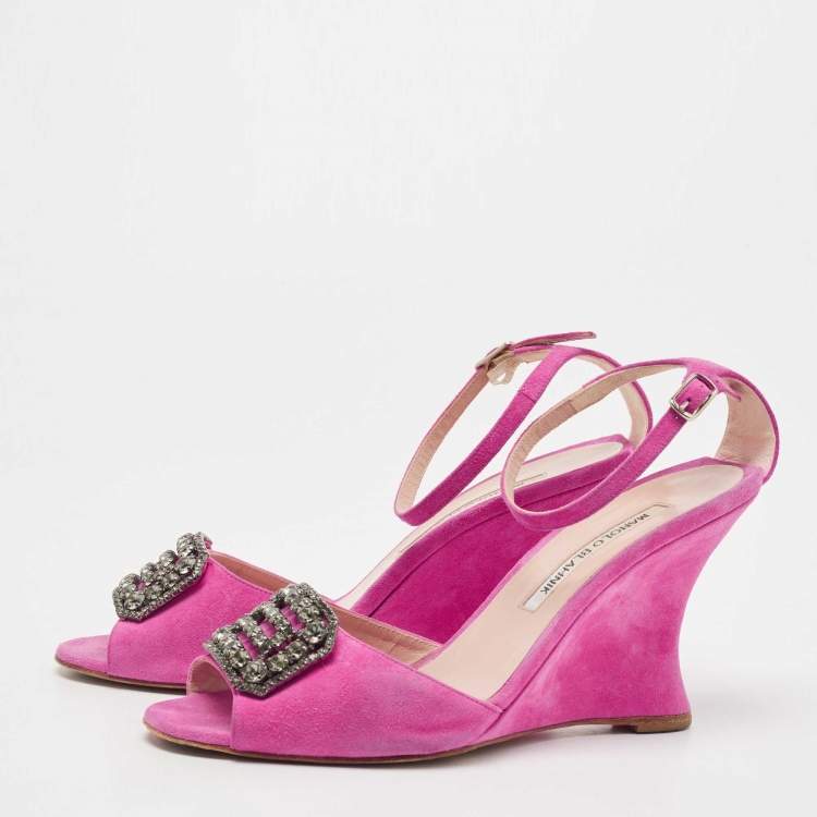 Pre Owned Manolo Blahnik Pink Suede Crystal Embellished Ankle Strap Wedge Sandals Size 38.5