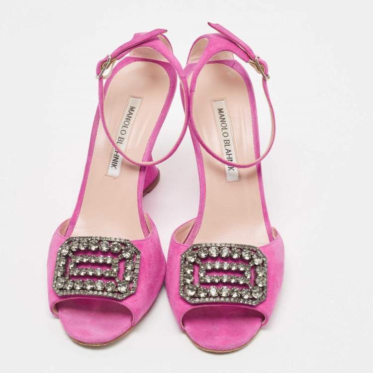 Pre Owned Manolo Blahnik Pink Suede Crystal Embellished Ankle Strap Wedge Sandals Size 38.5