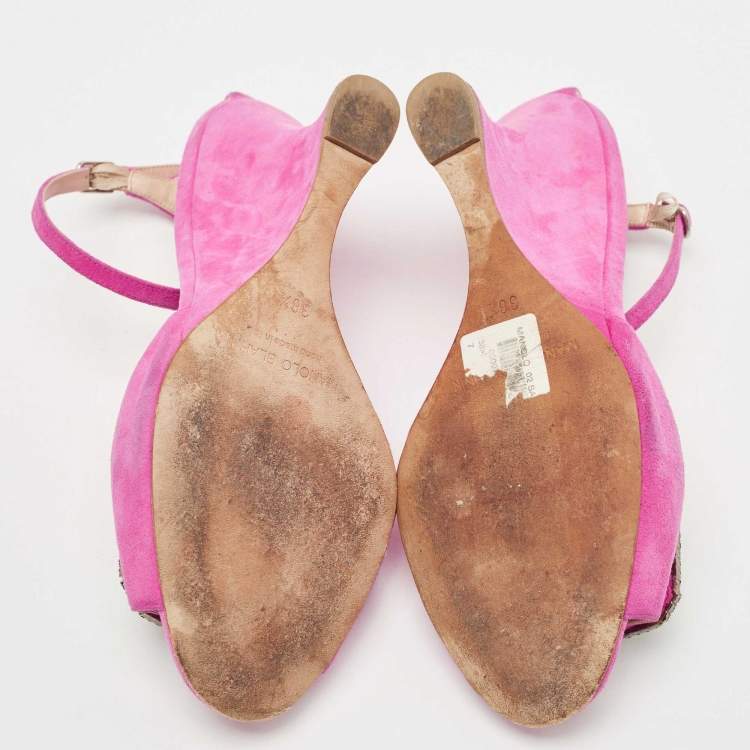 Pre Owned Manolo Blahnik Pink Suede Crystal Embellished Ankle Strap Wedge Sandals Size 38.5