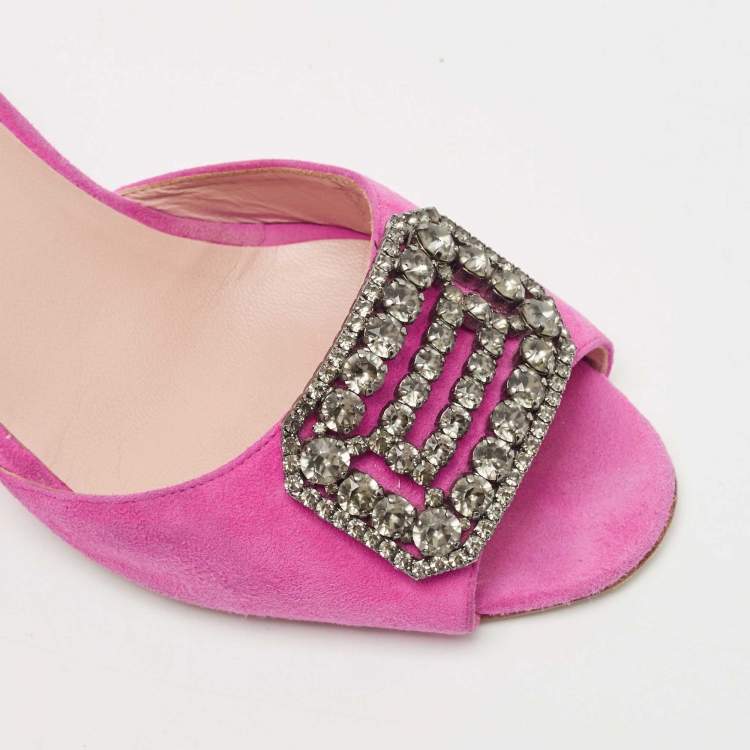 Pre Owned Manolo Blahnik Pink Suede Crystal Embellished Ankle Strap Wedge Sandals Size 38.5