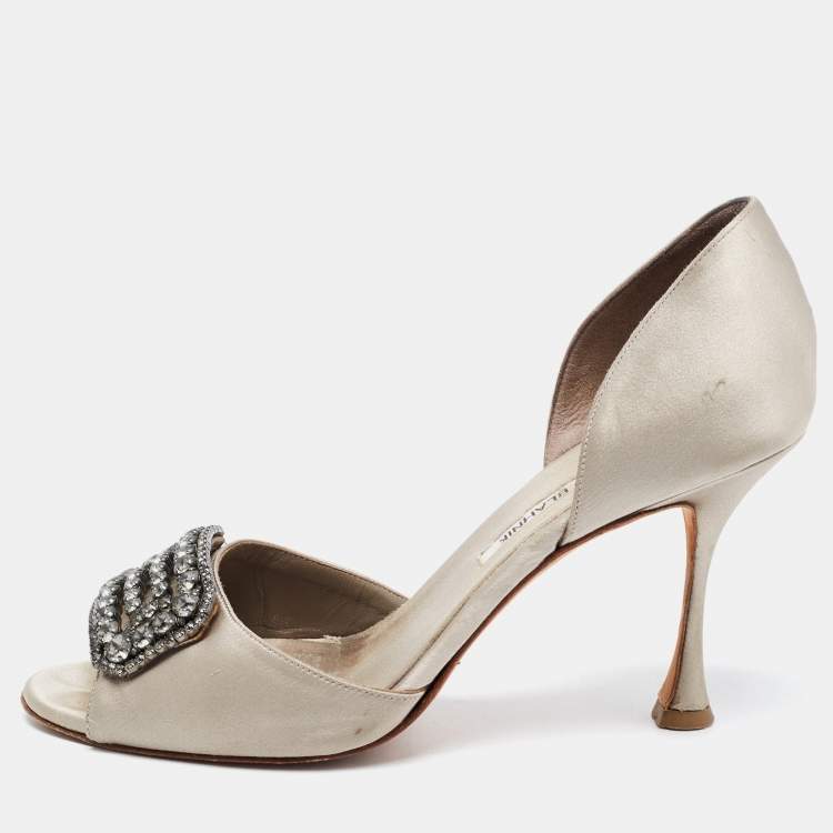 Manolo Blahnik Grey Satin Alicia Open Toe Pumps Size 38 Manolo