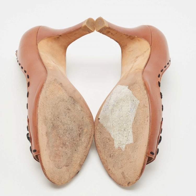 Pre Owned Manolo Blahnik Brown Leather Stitch Detail Open Toe Pumps Size 37