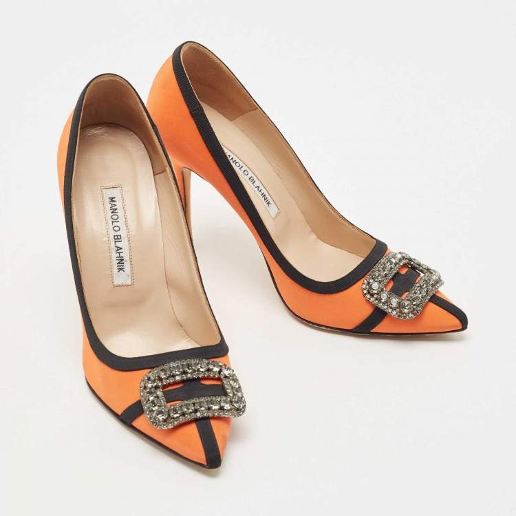 Pre Owned Manolo Blahnik Orange Fabric Gotrian Crystal Embellished Pumps Size 38.5