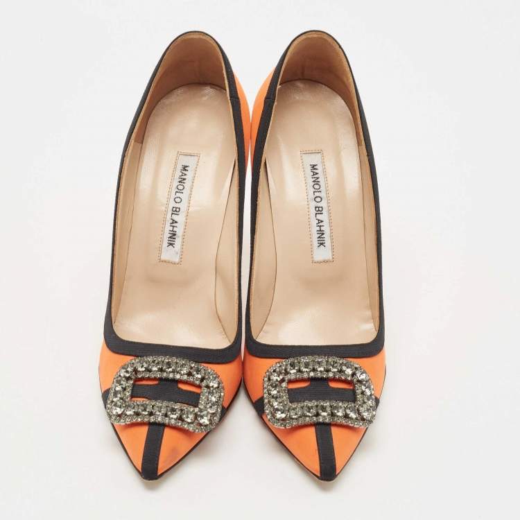 Pre Owned Manolo Blahnik Orange Fabric Gotrian Crystal Embellished Pumps Size 38.5